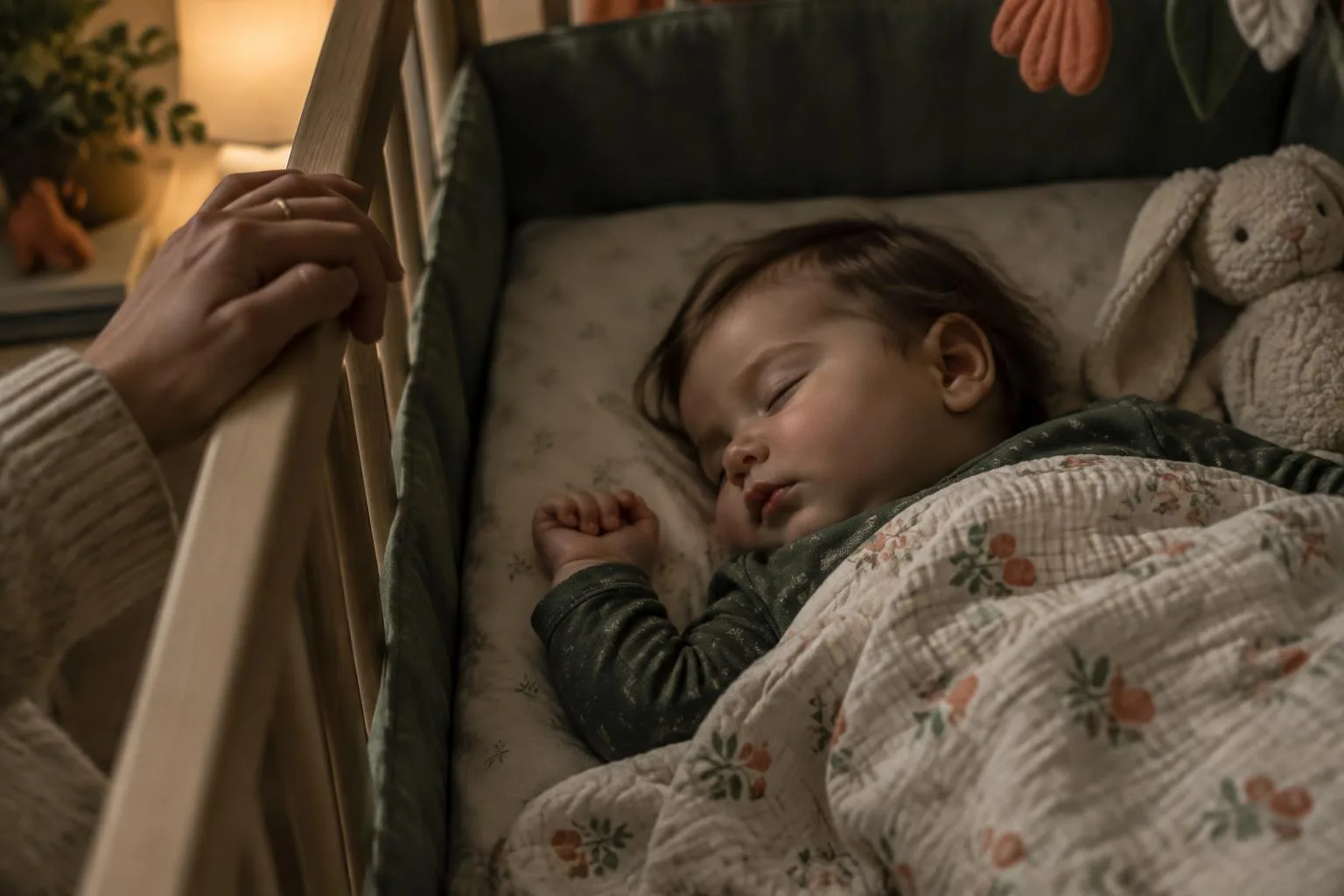 Bebê dormindo no berço com a mão da mãe apoiada na grade, em um quarto com luz baixa.