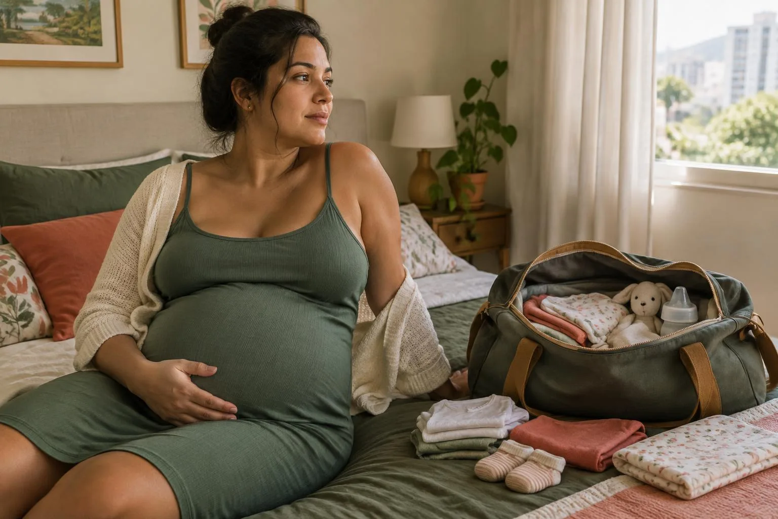Gestante no fim da gravidez sentada na cama ao lado de uma mala de maternidade meio arrumada, com a mão na barriga.