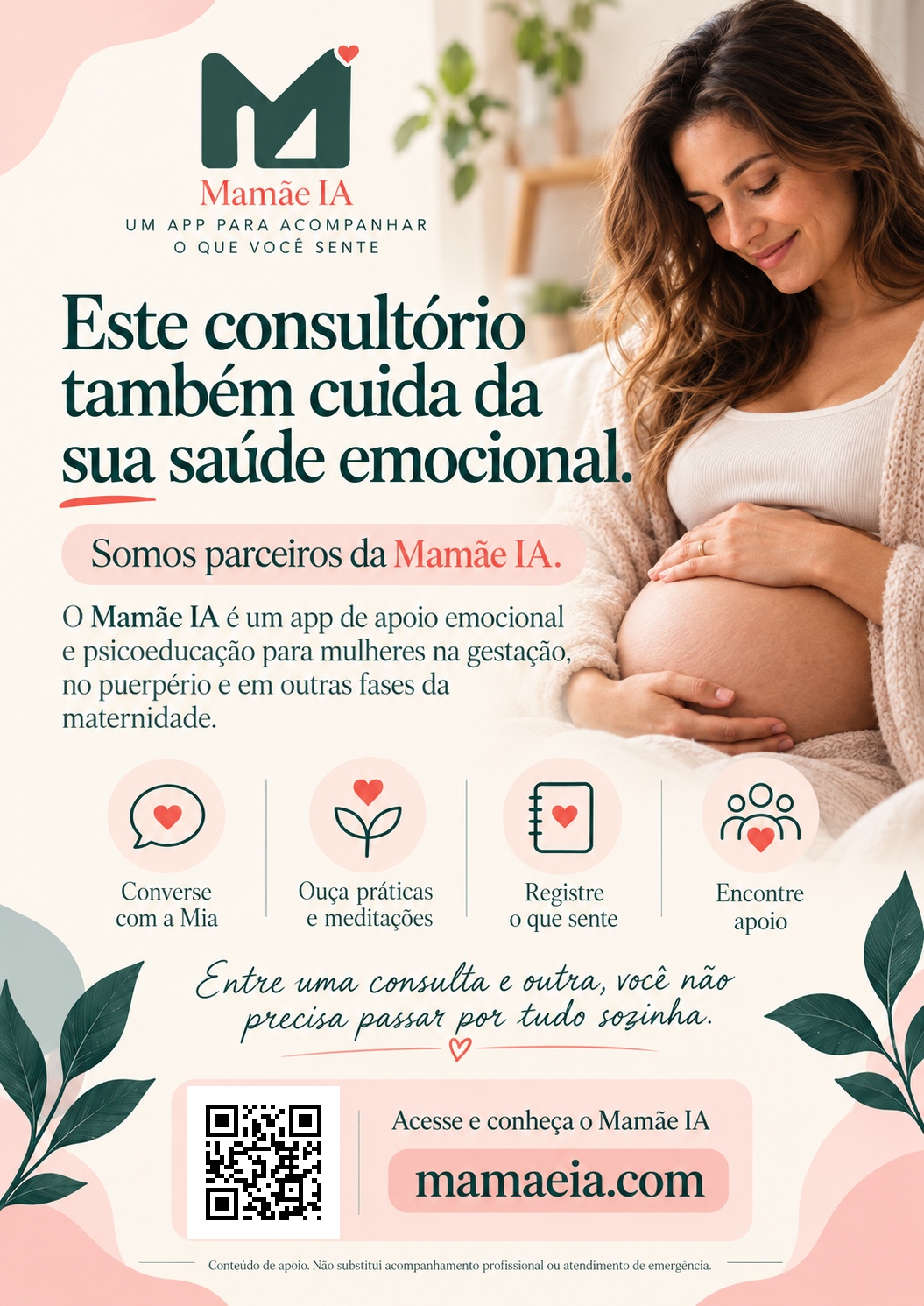Totem Mamãe IA para sala de espera, com QR code para a mulher acessar o aplicativo