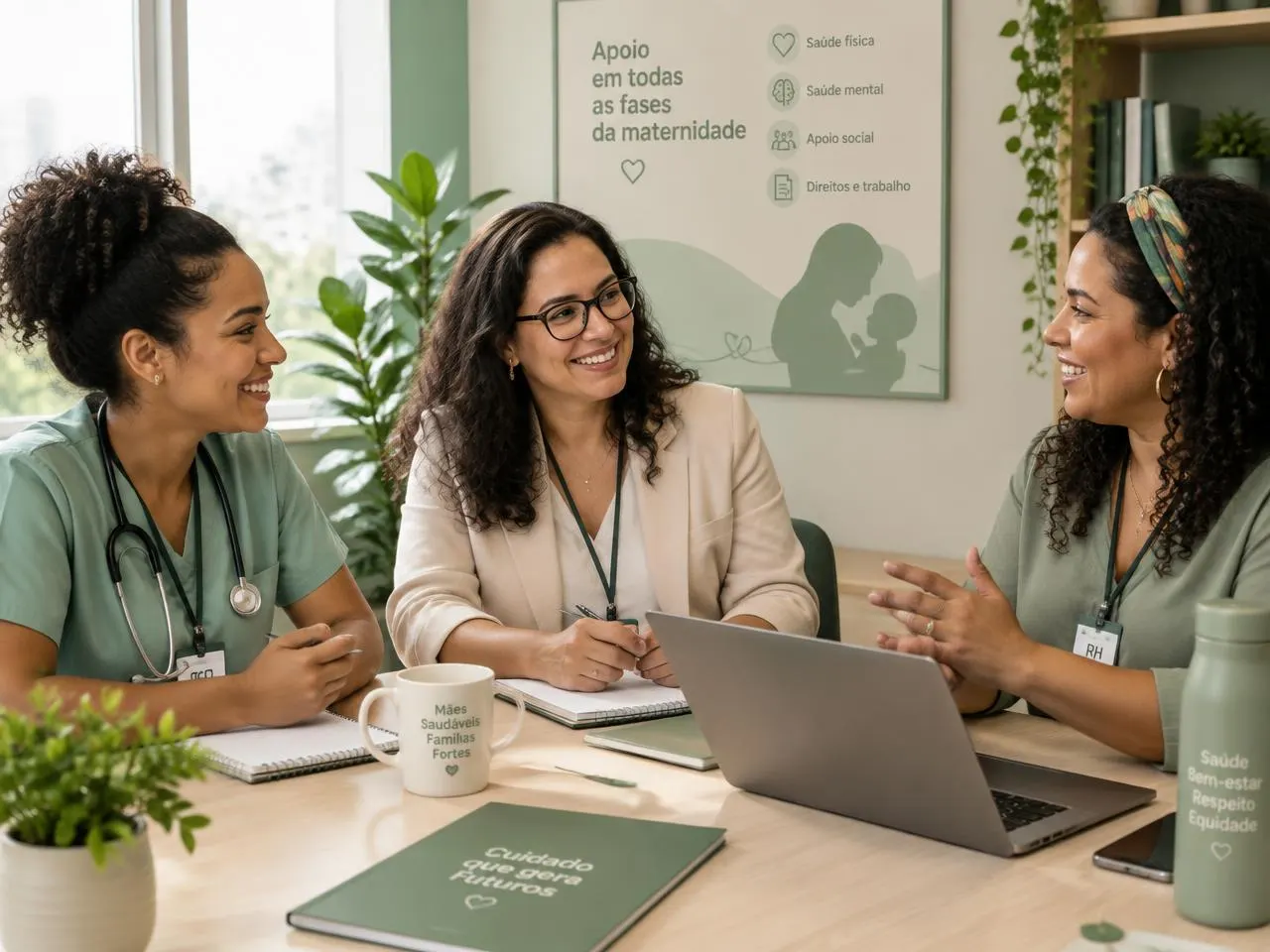 Enfermeira, psicóloga e profissional de RH conversando sobre o cuidado com as mães