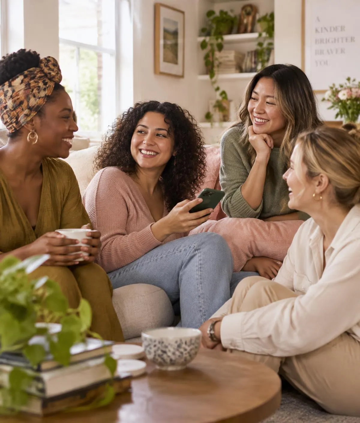 Grupo diverso de mulheres conversando e compartilhando um aplicativo no celular