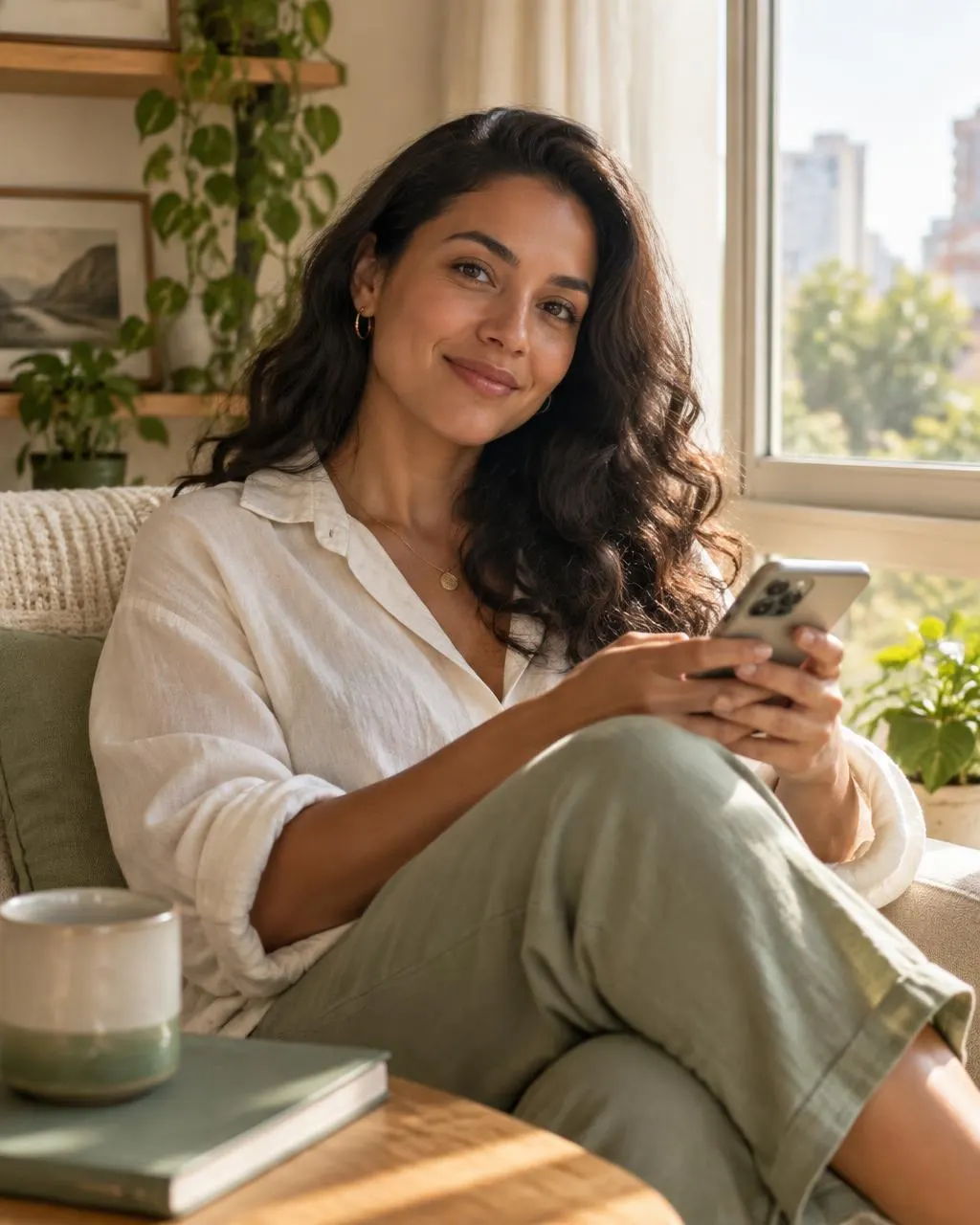 Mulher sorrindo, sentada perto da janela, com o celular nas mãos